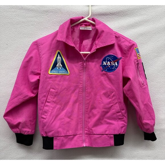 Pink NASA Youth Sz S Space Shuttle Flight Jacket  Embroidered Patches  Black Tri - Picture 1 of 7